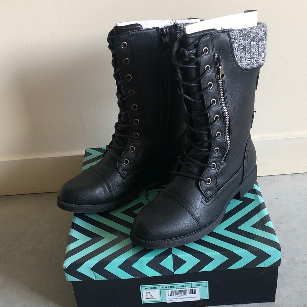 Women’s Black Lace-Up Mid-Calf Boots with Knit Cuff